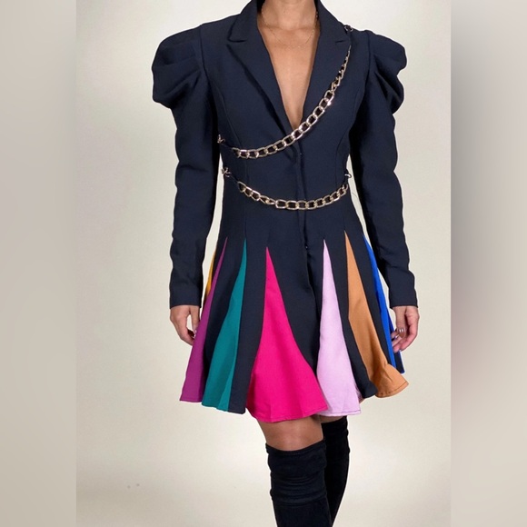 L'ATISTE by Amy Black Coat Dress Rainbow Pleated Skirt Gold Chains Size S - Picture 2 of 16